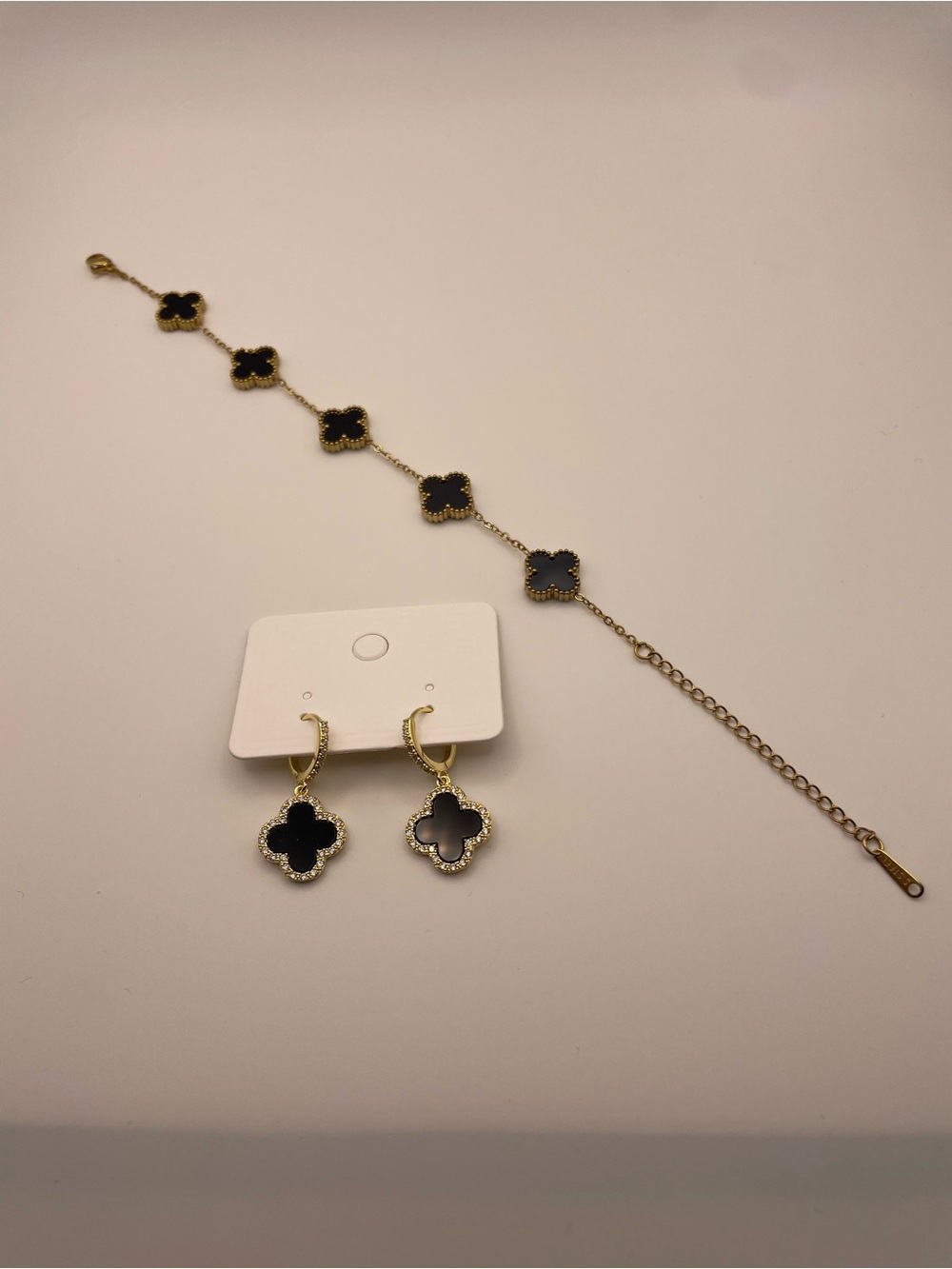 Gold & Black Clover Drop Earrings and Bracelet Set